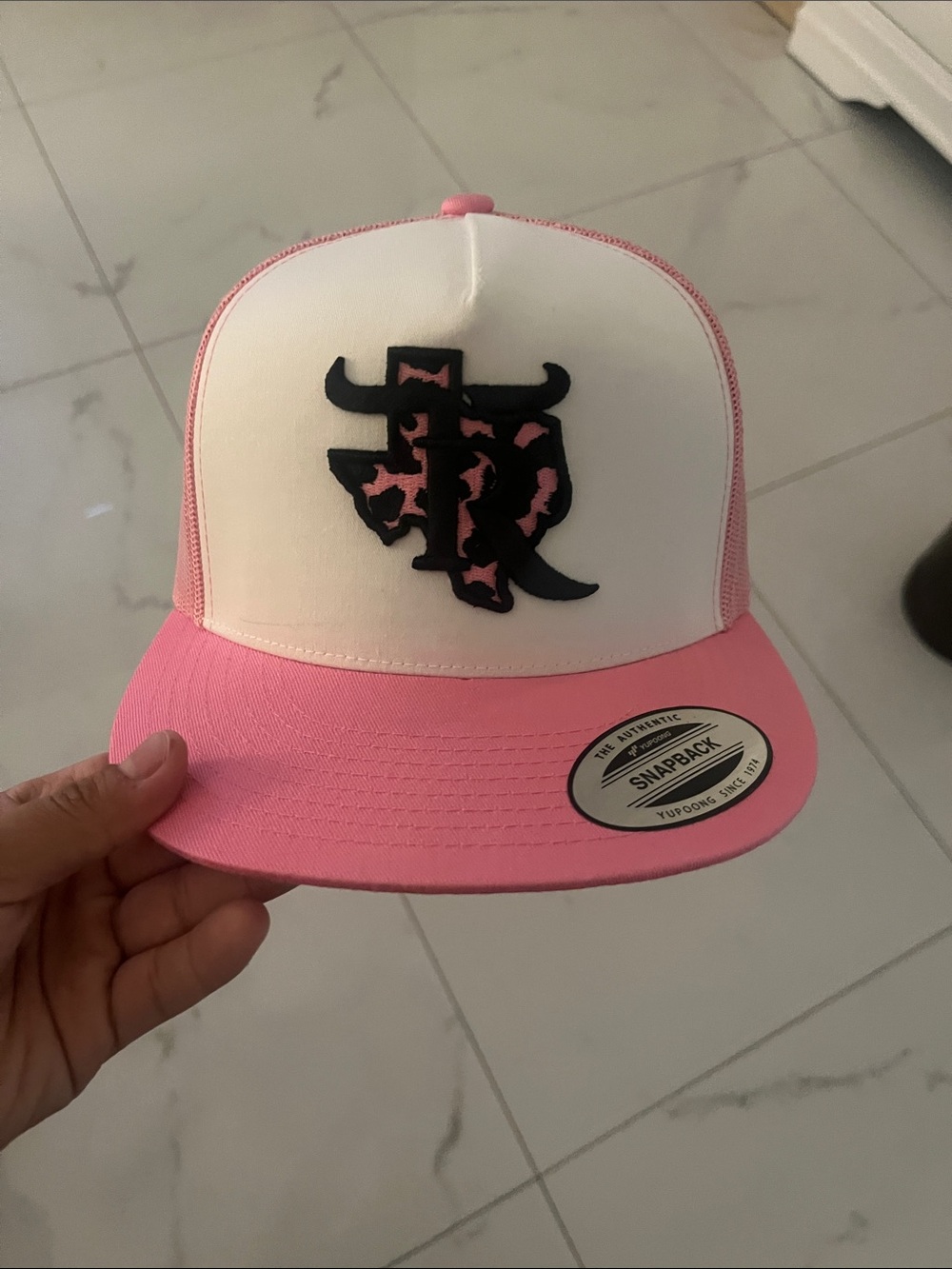 Kids Pink and White Snapback Hat with Decorative Patch